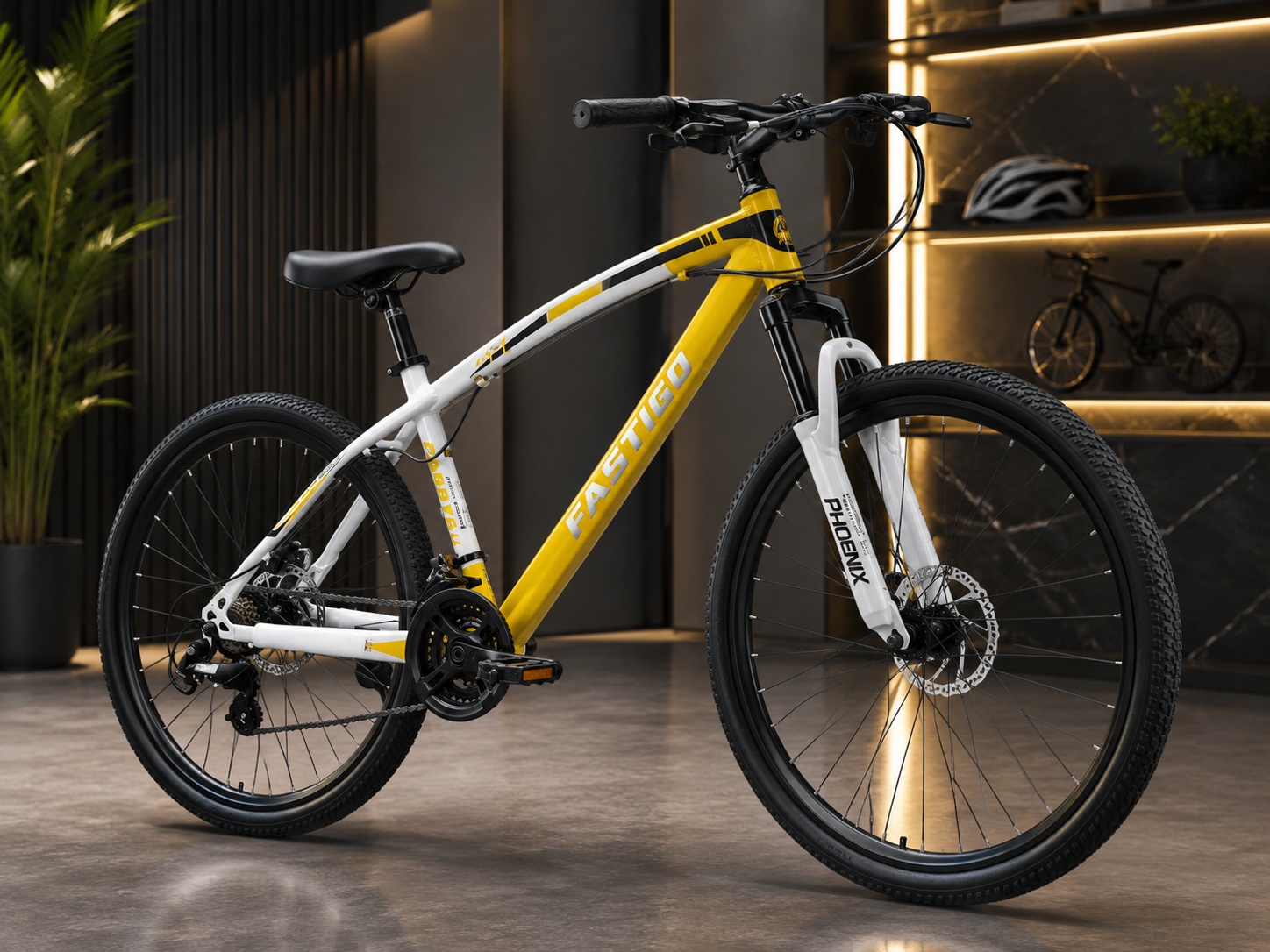 Fastigo 26-inch yellow and white mountain bike with front suspension, 21-speed gearing, and front & rear mechanical disc brakes.