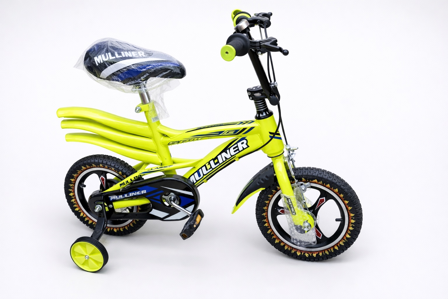 Mullinear Size 12 Kids Bike with sturdy frame, training wheels, comfortable seat, and colorful design, perfect for young beginner riders.
