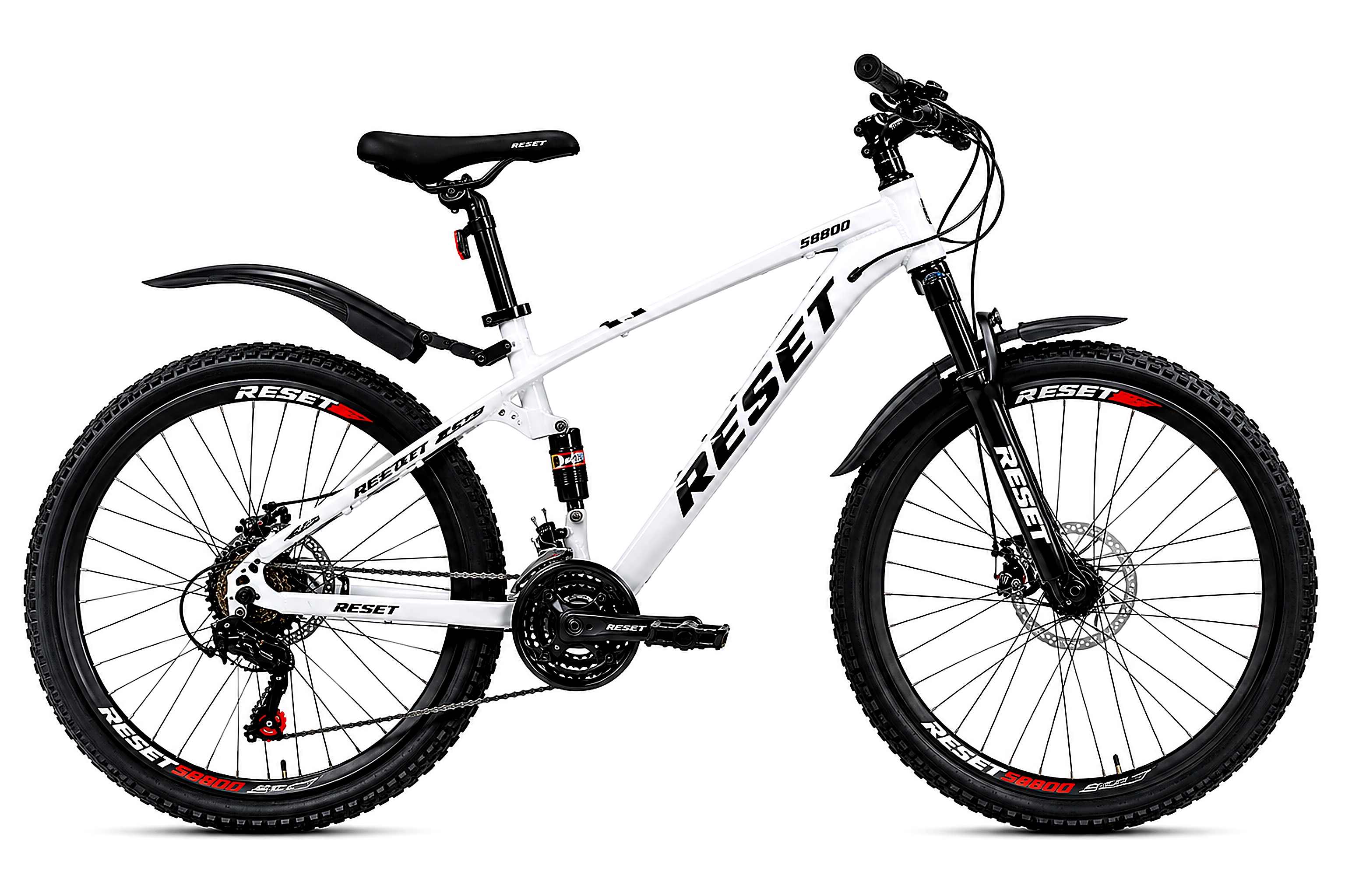 RESET 26-inch full suspension mountain bike in white with front suspension fork, rear shock absorber, mechanical disc brakes, 21-speed gears, and all-terrain ty