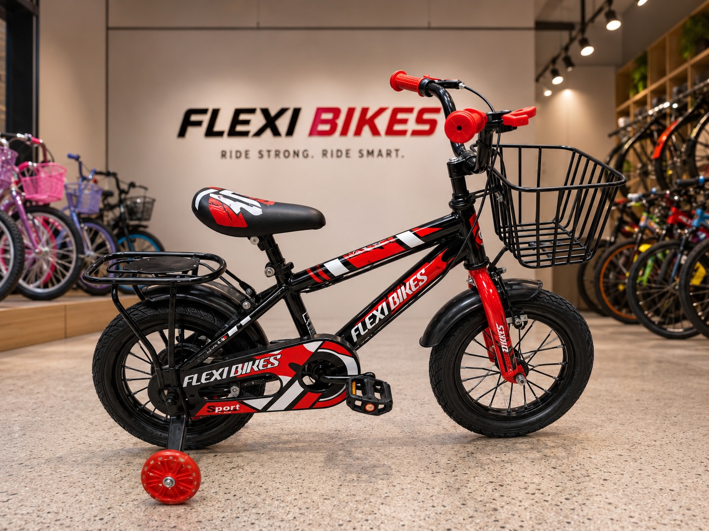 Flexi Bikes 12-inch red and black kids bicycle with removable training wheels, front basket, rear carrier, enclosed chain guard, and mudguards.