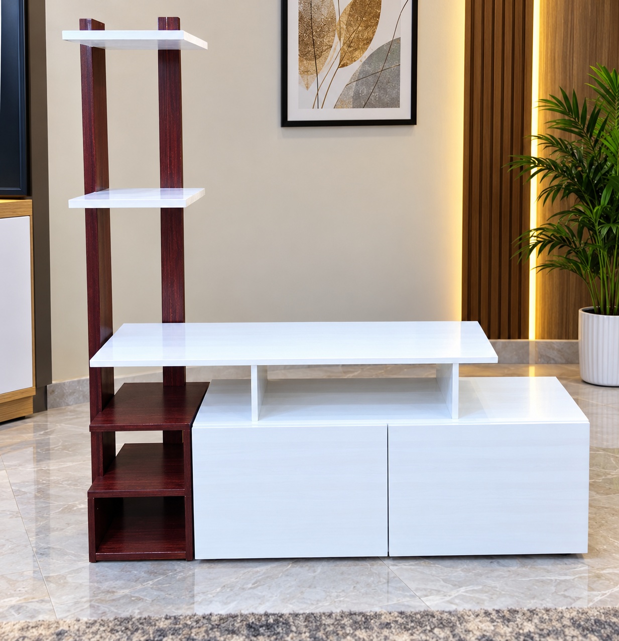 White and mahogany TV wall unit with open display shelves, storage cabinets and tall side shelving