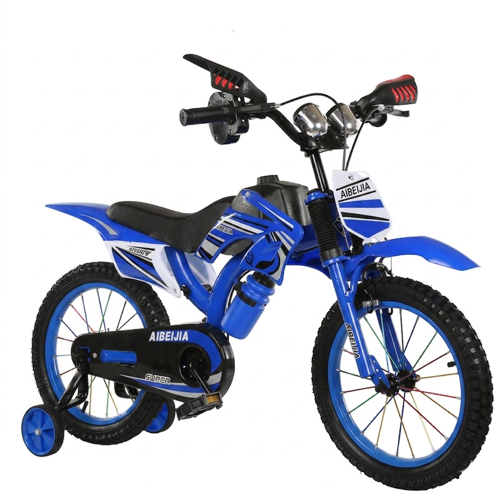 Kids size 16 racing bicycle with training wheels, sporty motocross-inspired frame design, front number plate, chain guard, water bottle.