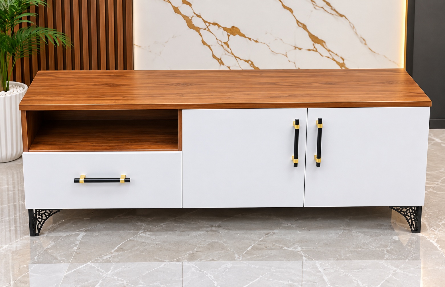 Modern white and wood TV stand with drawers, storage cabinets, open shelf and decorative black legs