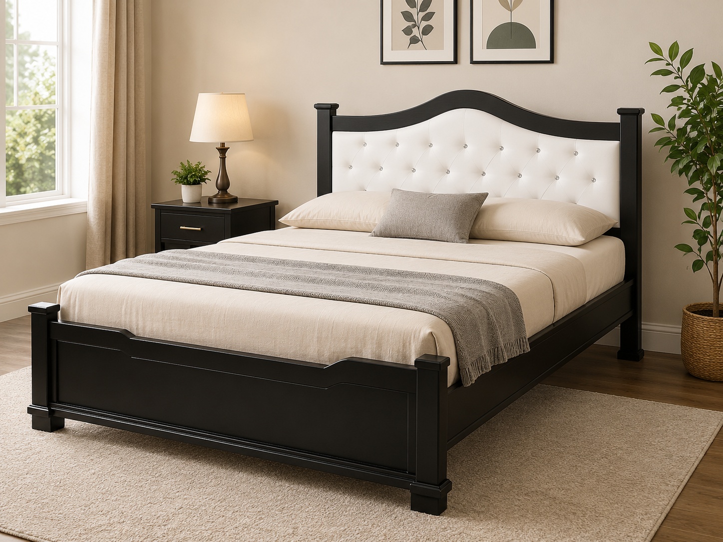 5x6 wooden bed frame with white tufted upholstered headboard, sturdy slatted base, and elegant black finish