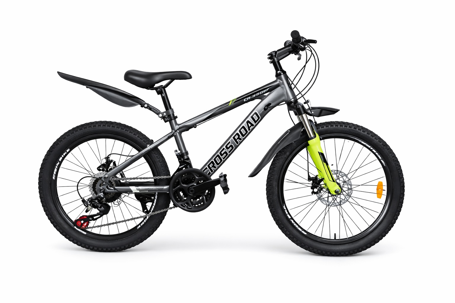 Size 20 Crossroad bicycle with gears, featuring a sturdy frame, multi-speed drivetrain, front and rear brakes, sporty design, and durable tires, suitable for ch