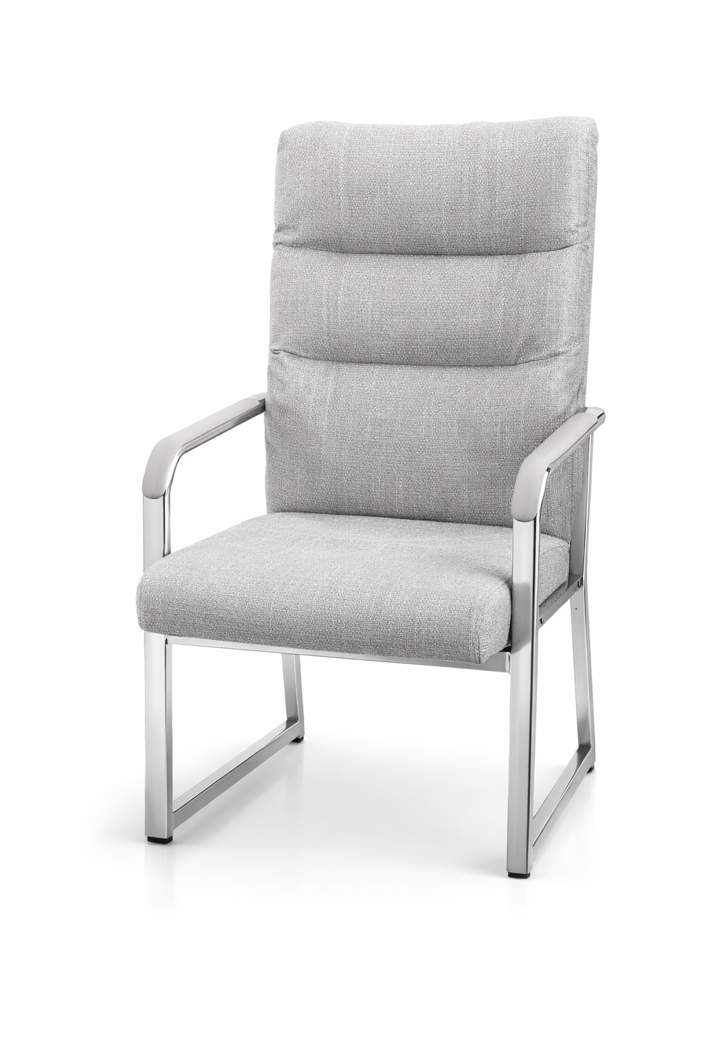 Executive High-Back Dining Chair in grey fabric upholstery with armrests and stainless steel cantilever frame.