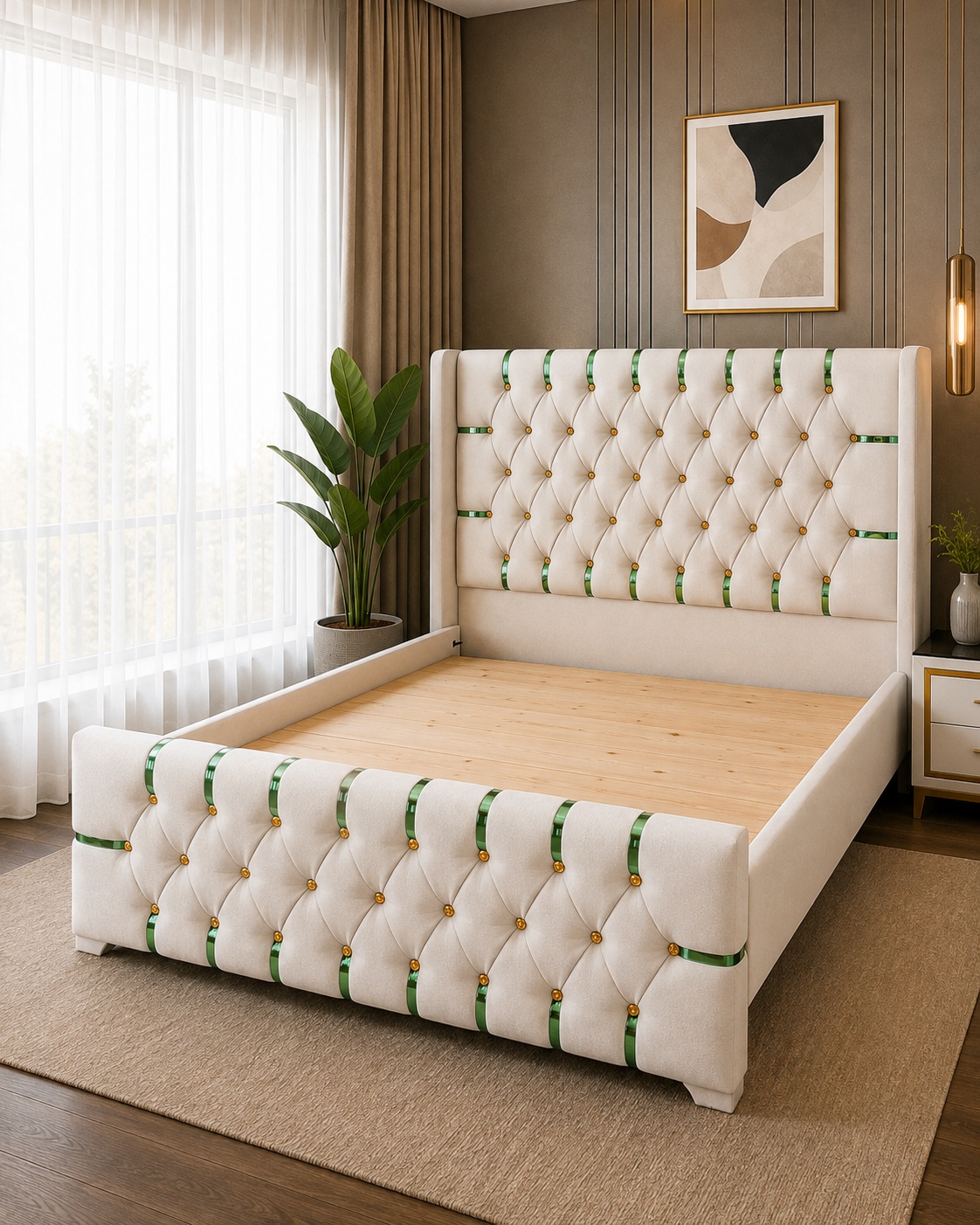 5x6 cream upholstered bed with tufted headboard and footboard, green accents and gold button detailing