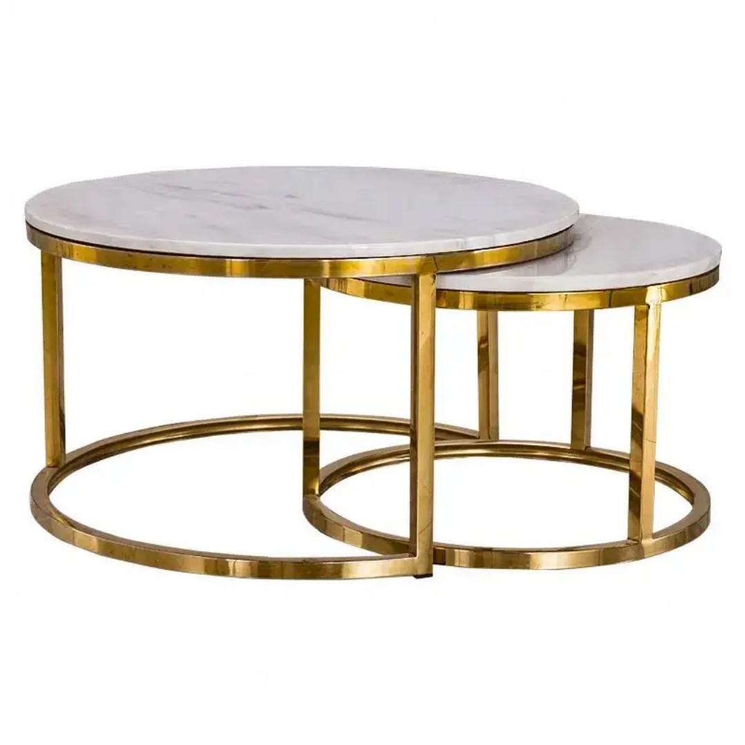 Luxury nesting coffee table set featuring white marble-look tops and gold stainless steel round frames.