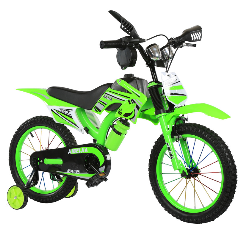 Kids racing bicycle with training wheels, children's bike with motocross design, durable frame, water bottle holder, and beginner-friendly cycling features.
