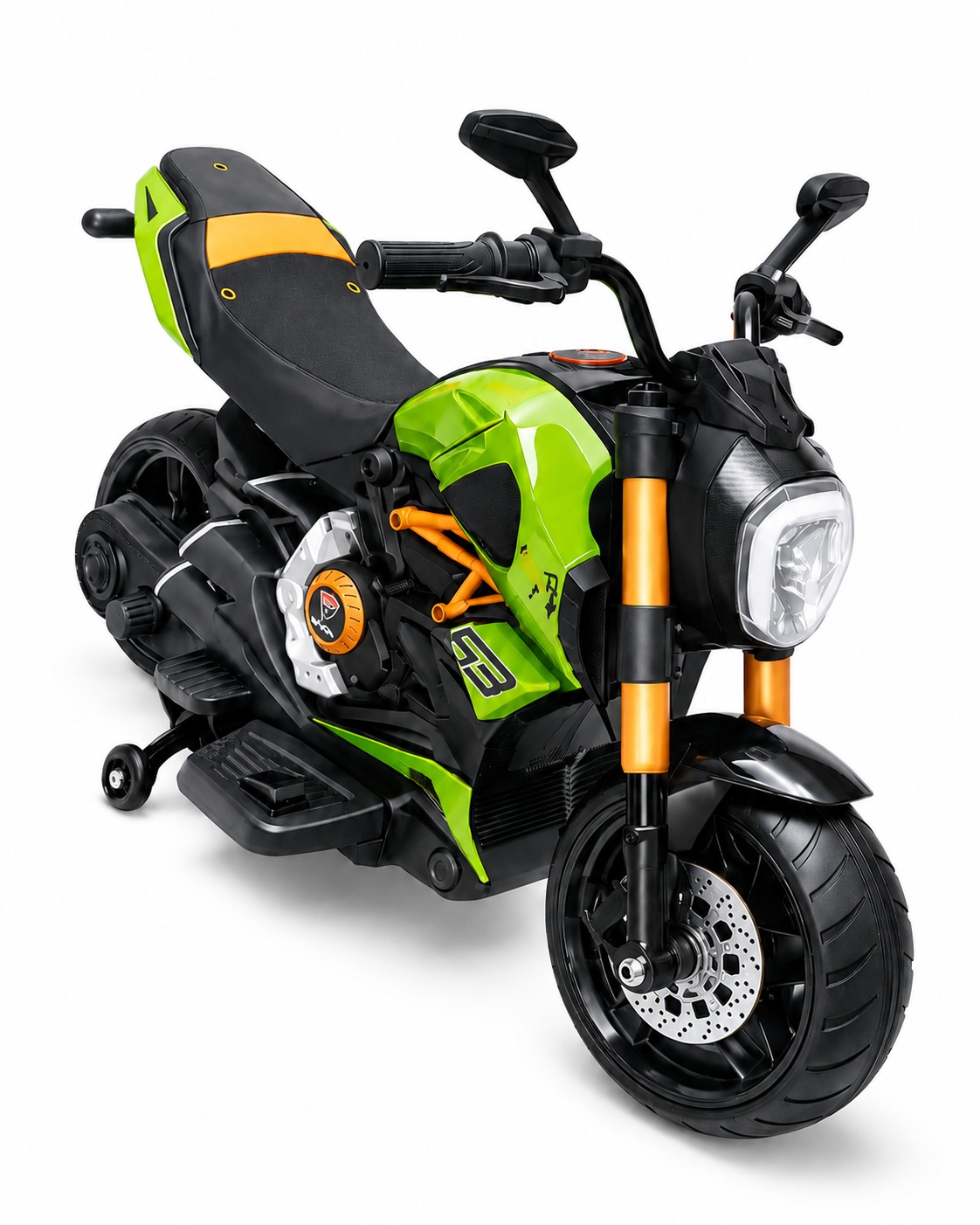 Green kids electric ride-on sports motorbike with LED headlight, stabilizer training wheels, rechargeable battery, and realistic motorcycle styling.