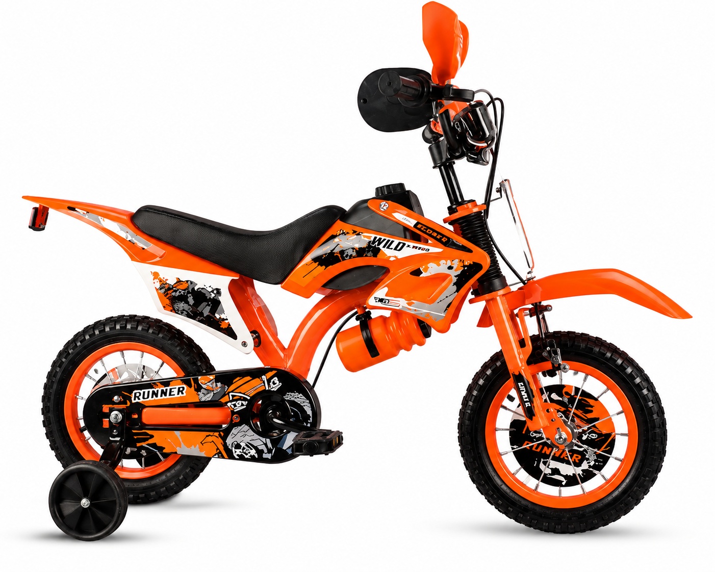 Runner Wild moto-style kids bicycle in orange and black featuring off-road styling, training wheels, chain guard, and rugged tires.
