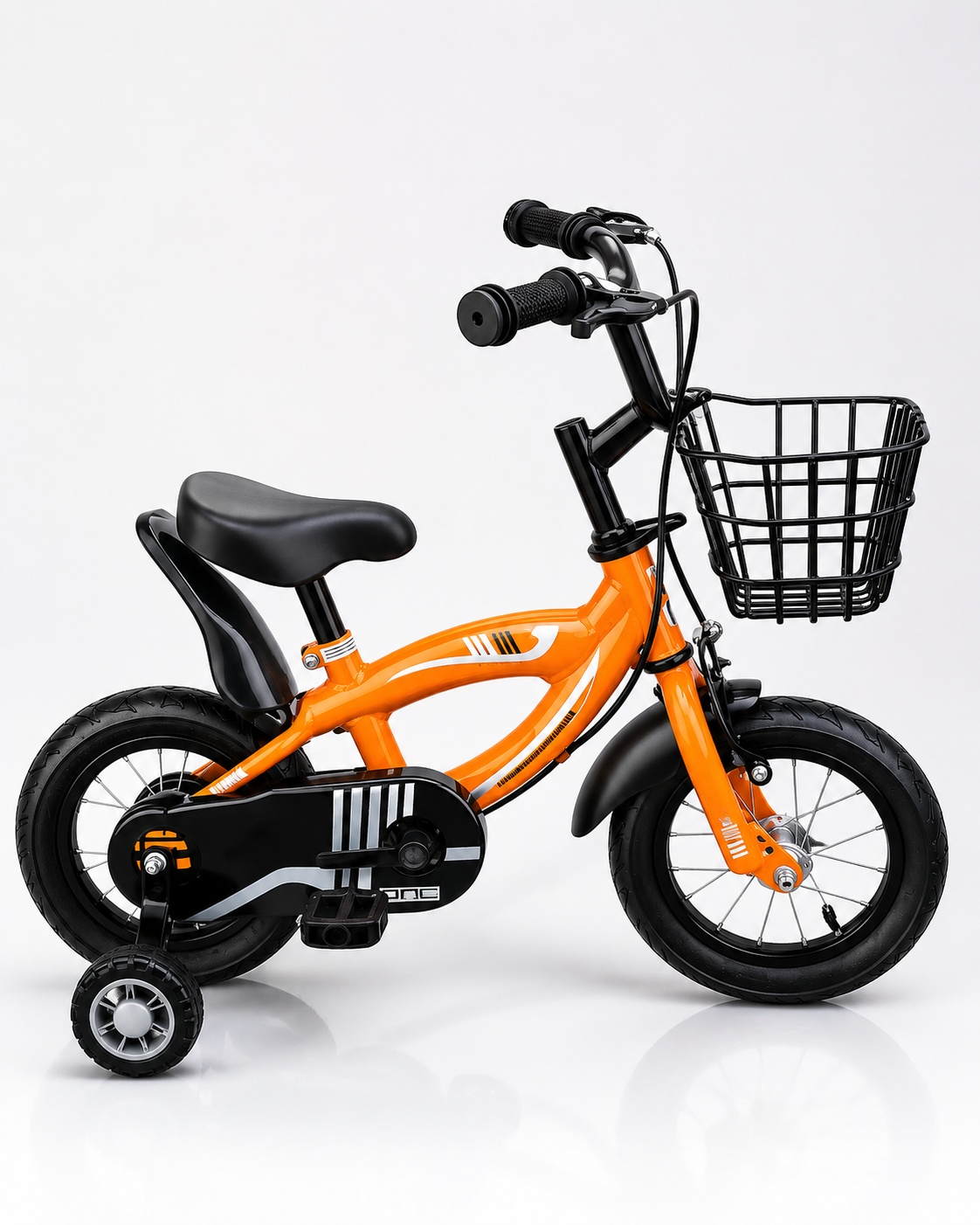 Flash 12-inch orange kids bicycle with removable training wheels, front basket, enclosed chain guard, and comfortable padded seat.