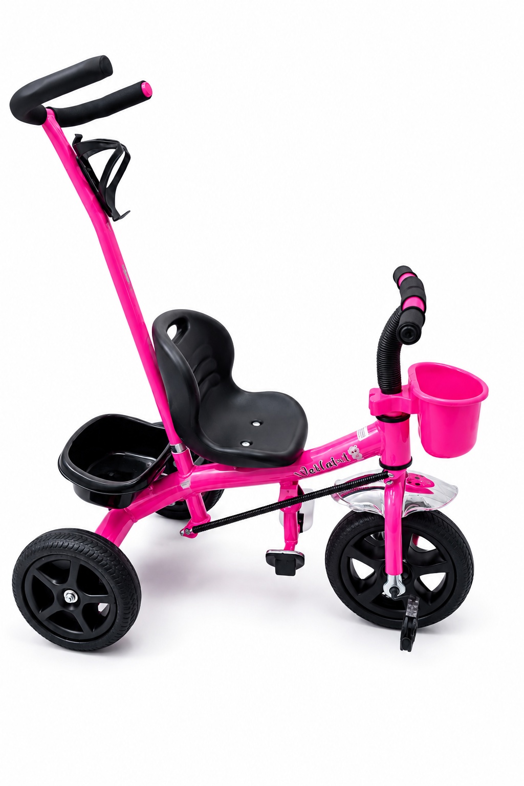 Children's tricycle with a parent push handle, front cup holder basket, rear storage tray, comfortable seat, and stable three-wheel design.