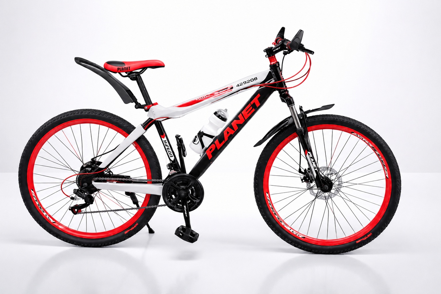 Planet Size 24 Mountain Bike with a sturdy steel frame, front suspension fork, knobby all-terrain tires, flat handlebars, and a sporty design, suitable for teen