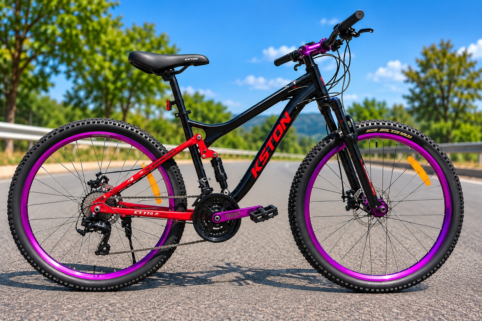 KSTON full suspension mountain bike with black red and purple frame, disc brakes and knobby tires