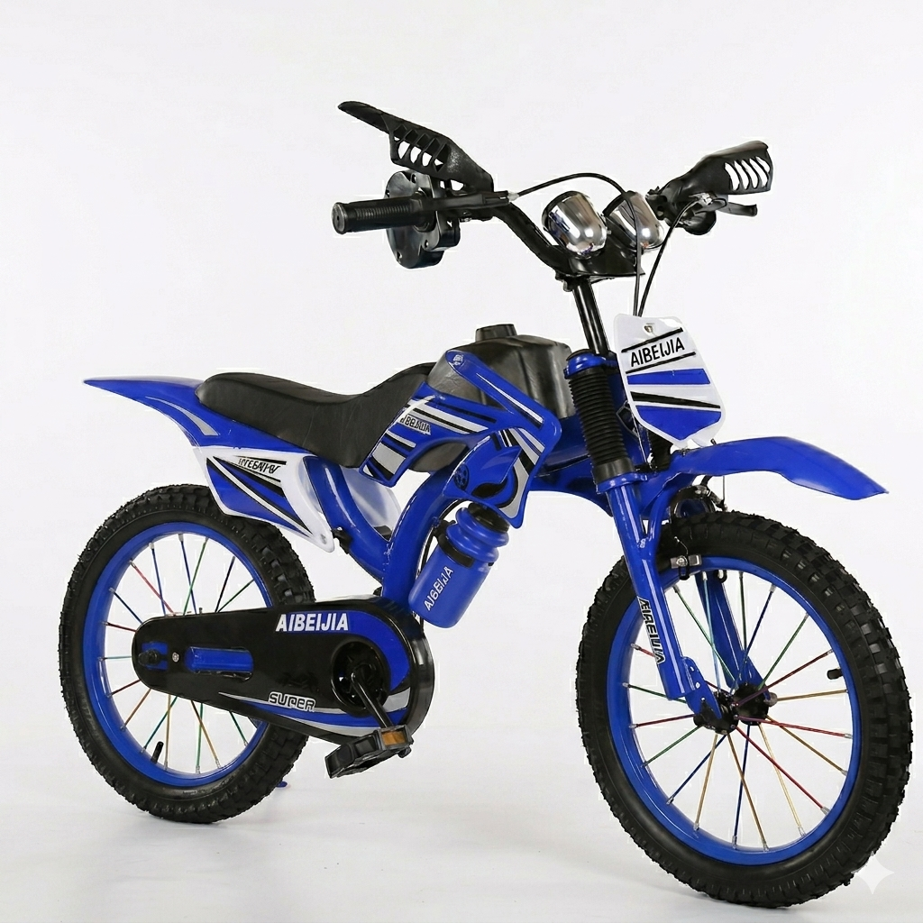 Size 20 kids racing bicycle with a motocross-inspired sporty frame, front suspension styling, colorful wheel spokes, durable all-terrain tires, chain guard.