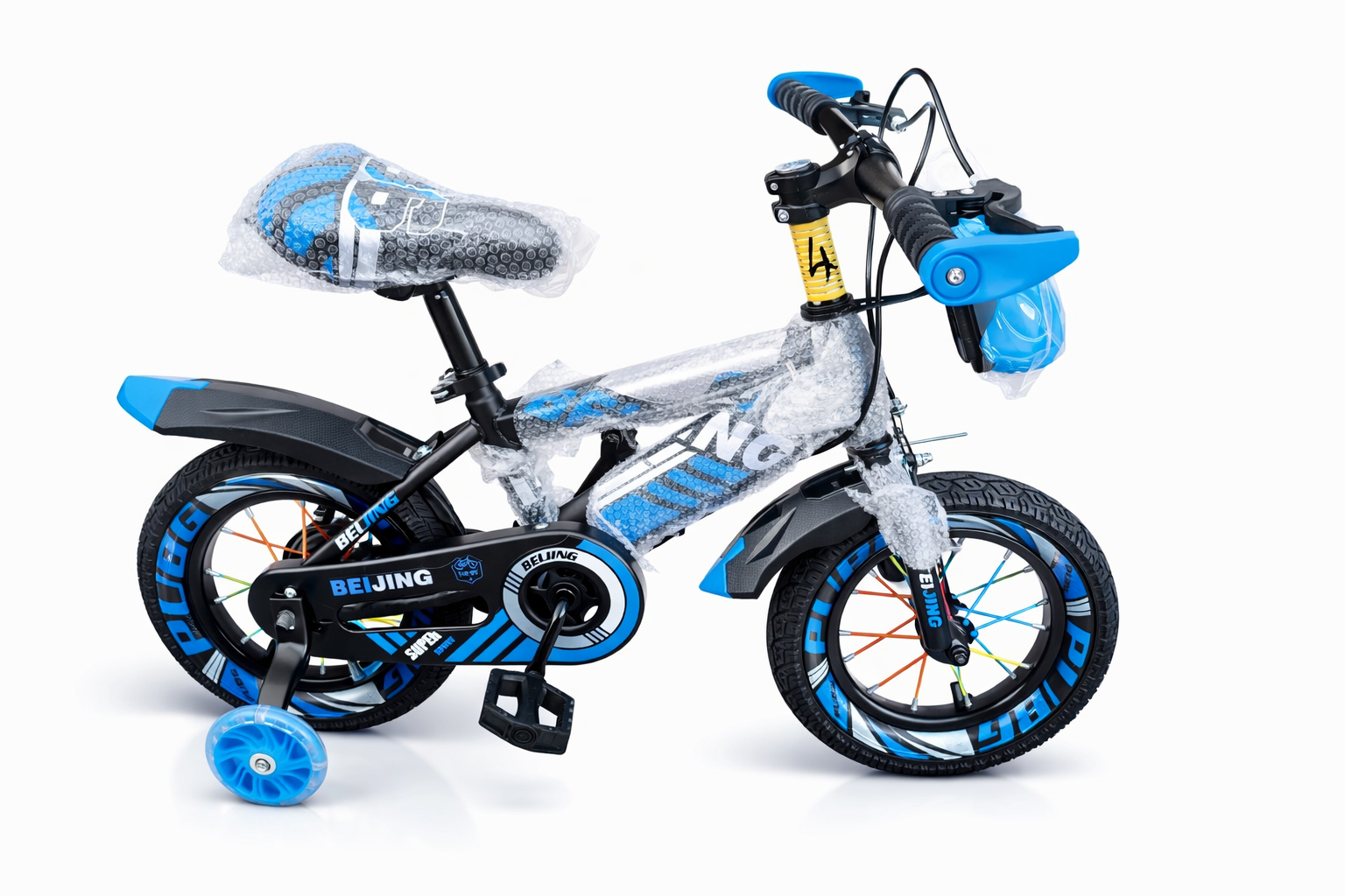 Beijing Size 12 kids bicycle with training wheels, front storage basket, front and rear mudguards, chain guard, suspension spring, sporty racing graphics.
