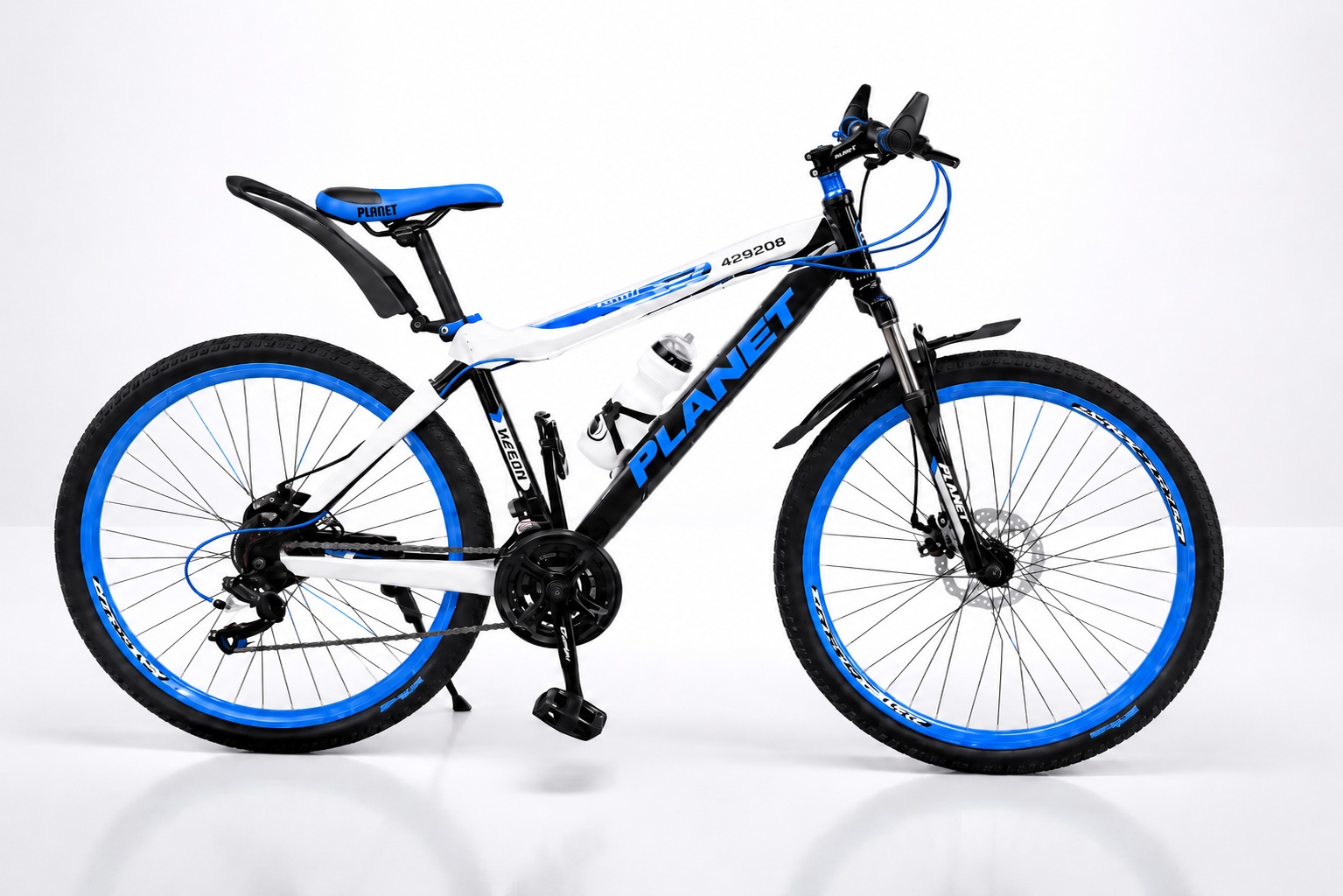 Planet Size 24 Mountain Bike with a sturdy steel frame, front suspension fork, knobby all-terrain tires, flat handlebars, and a sporty design, suitable for teen
