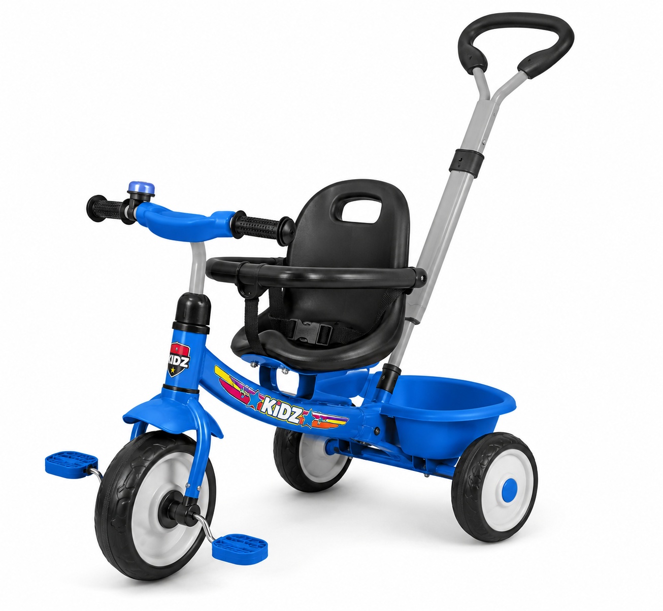 Children's tricycle with a parent push handle, front cup holder basket, rear storage tray, comfortable seat, and stable three-wheel design.