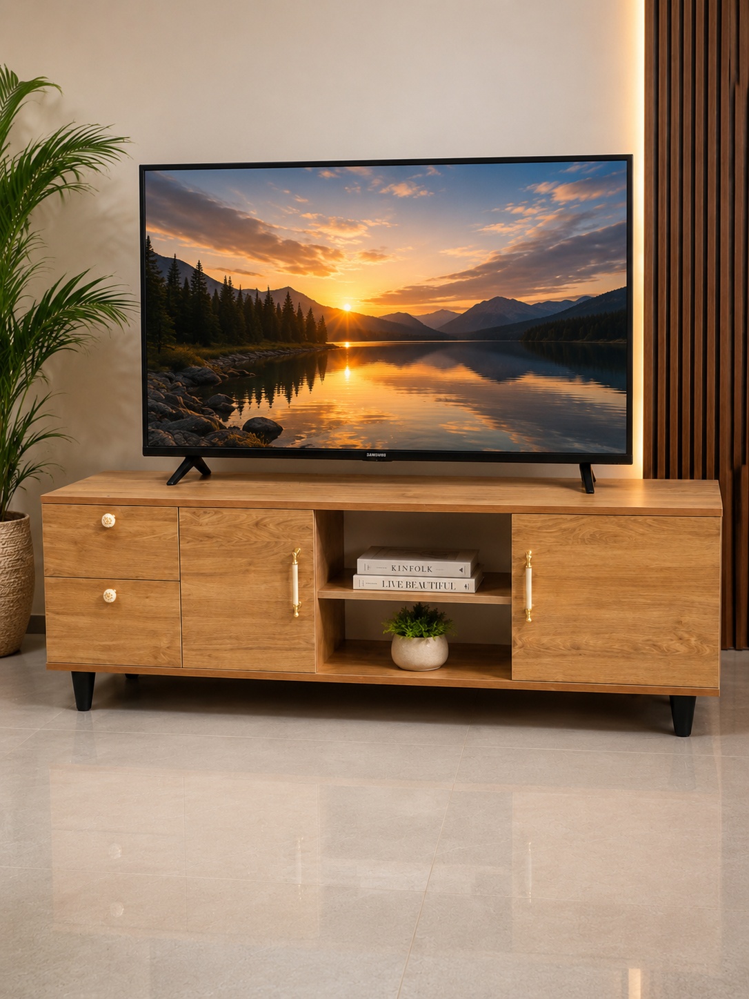 4ft modern oak finish wooden TV stand with two drawers, two storage cabinets, open media shelf, and sturdy legs.