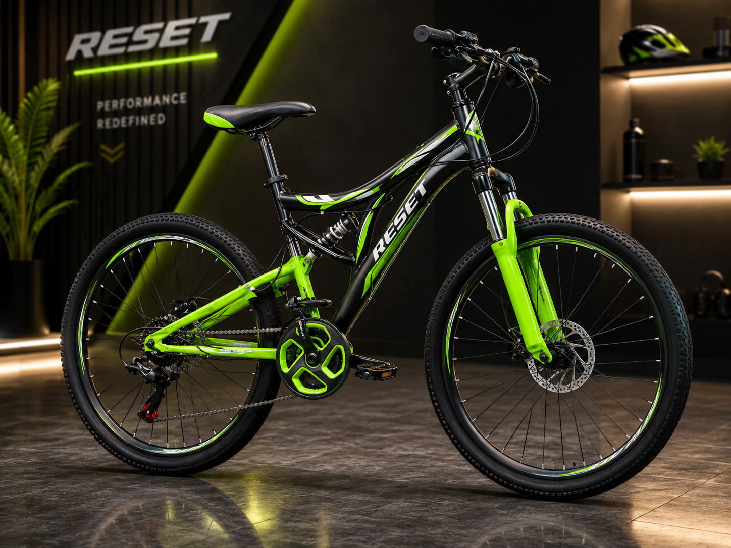 Reset 26-inch black and neon green dual suspension mountain bike with front disc brake and multi-speed gearing.
