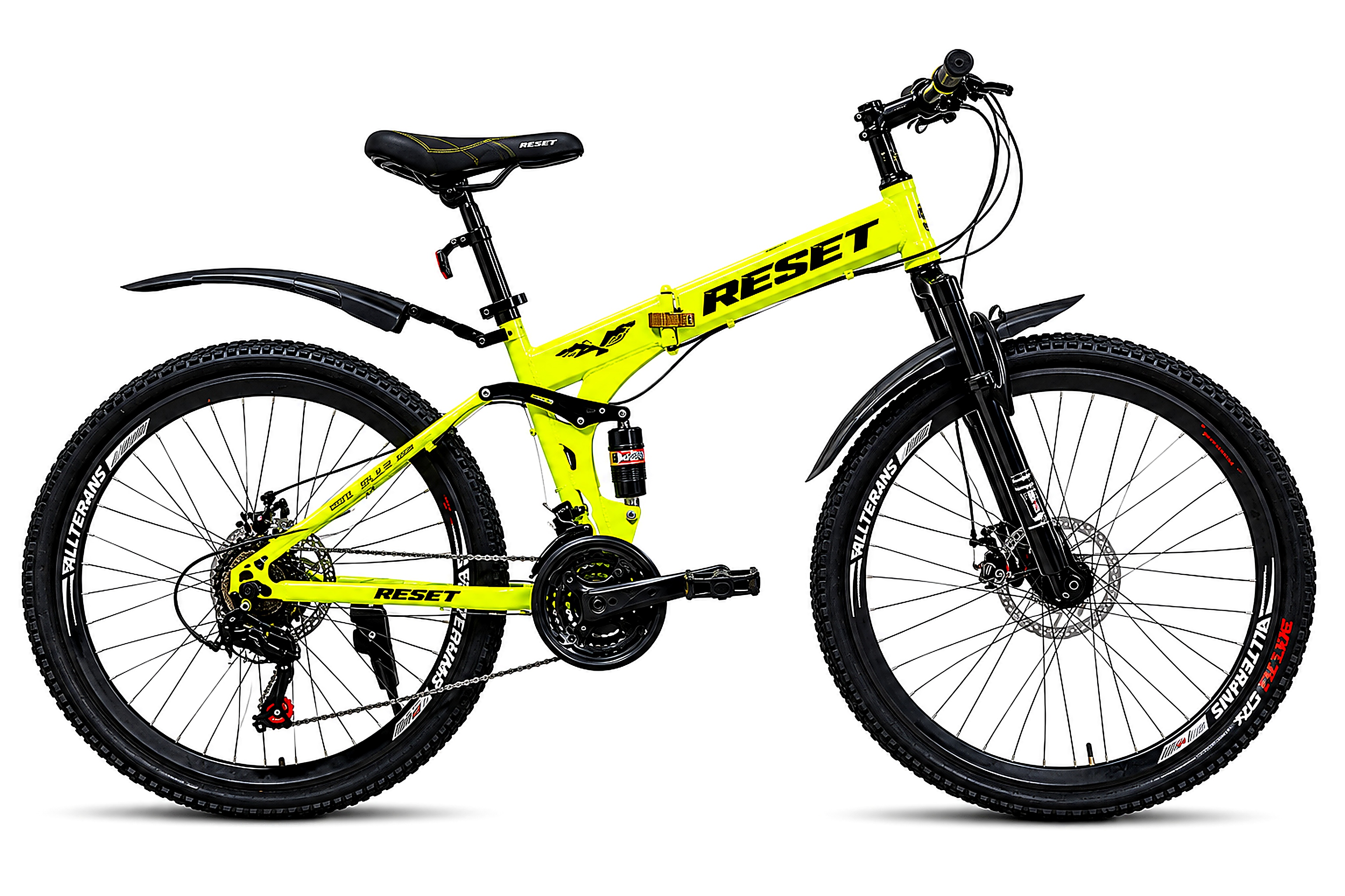 RESET 26-inch full suspension mountain bike in neon yellow with front suspension fork, rear shock absorber, mechanical disc brakes, and 21-speed gears.