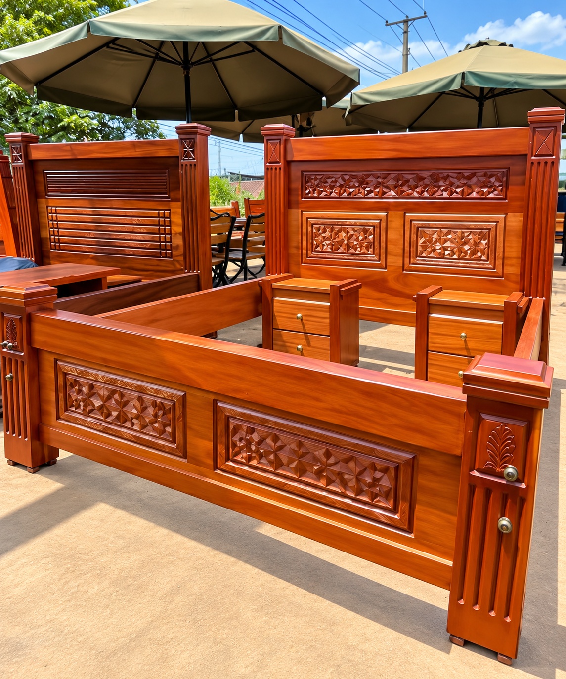 Majestic carved wooden bed with ornate geometric headboard, matching footboard and bedside storage drawers