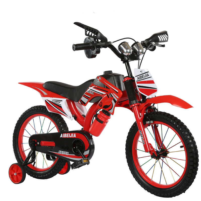 Kids size 16 racing bicycle with training wheels, sporty motocross-inspired frame design, front number plate, chain guard, water bottle.