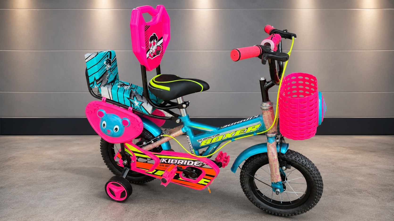 Kidride Size 12 kids bicycle with sturdy frame, colorful design, comfortable seat, and training wheels for beginner riders.
