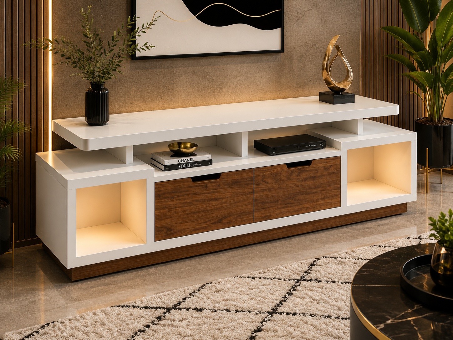 Modern white and wood TV console with two illuminated side display compartments, open shelves and central storage cabinets