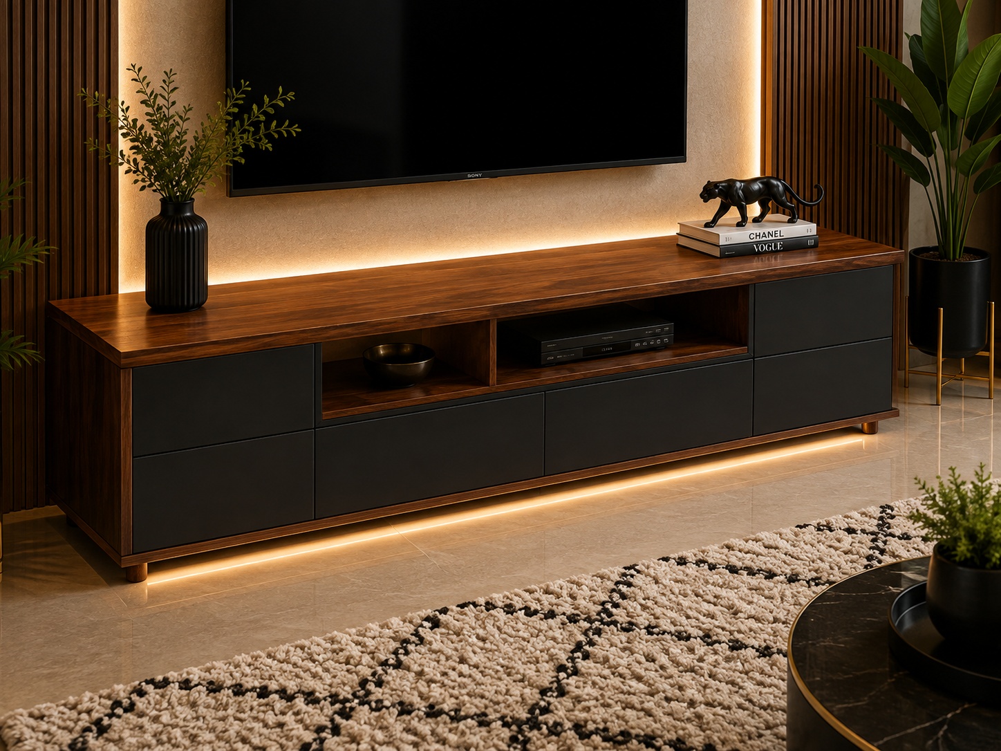 Dark wood and black modern TV console with storage cabinets, open media shelf and warm LED lighting
