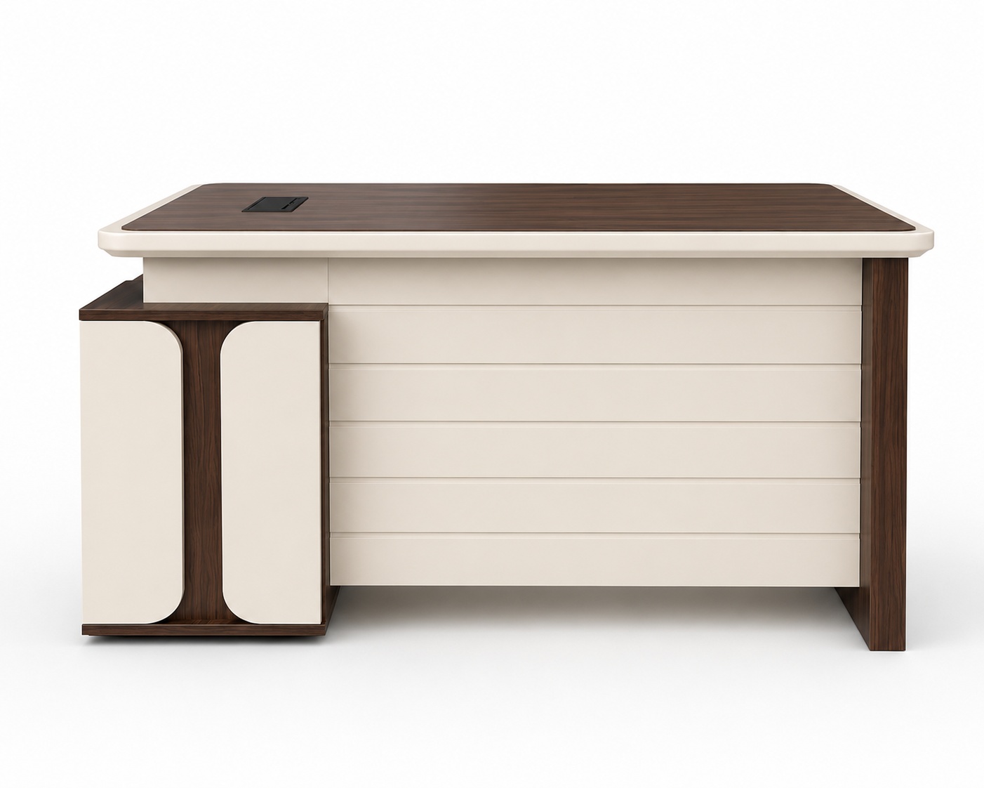 Modern executive office desk in walnut and white finish with three lockable drawers, open storage shelf, cable management port, and spacious work surface.