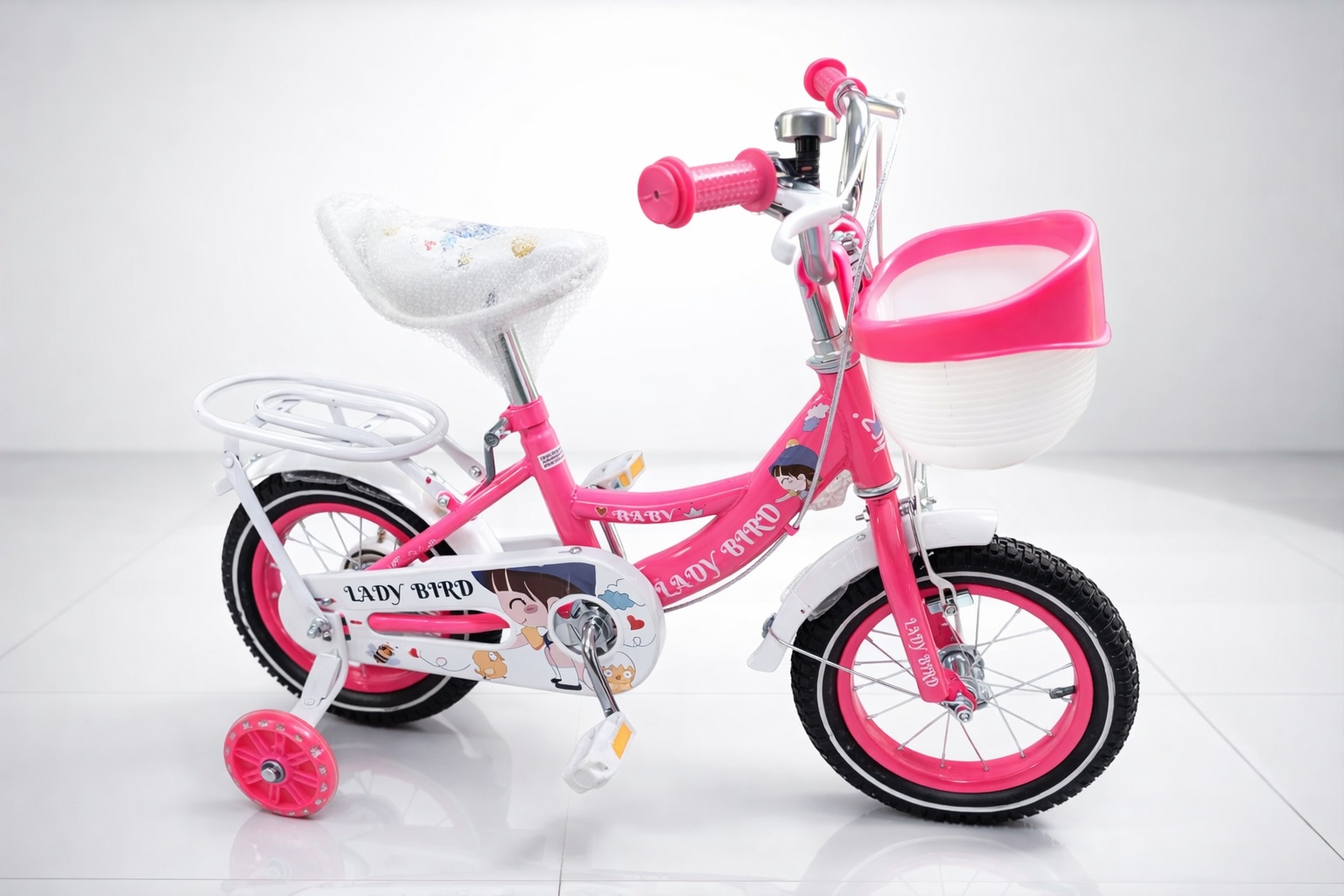Ladybird Size 12 Kids Bicycle with colorful frame, sturdy training wheels, comfortable seat, and attractive child-friendly design, suitable for young riders lea