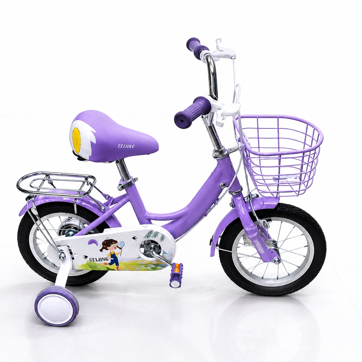 Beijing Ladies Size 12 bicycle with a sturdy steel frame, comfortable saddle, stylish design, and training wheels, ideal for young girls learning to ride safely
