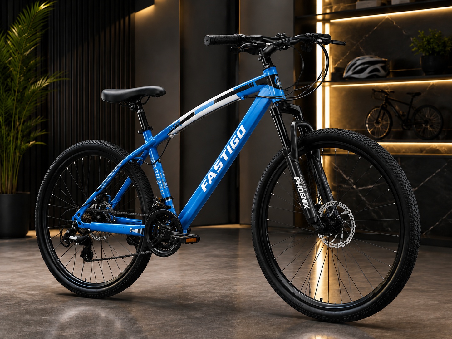 Fastigo 26-inch blue mountain bike with front suspension, front and rear mechanical disc brakes, and 21-speed gearing.