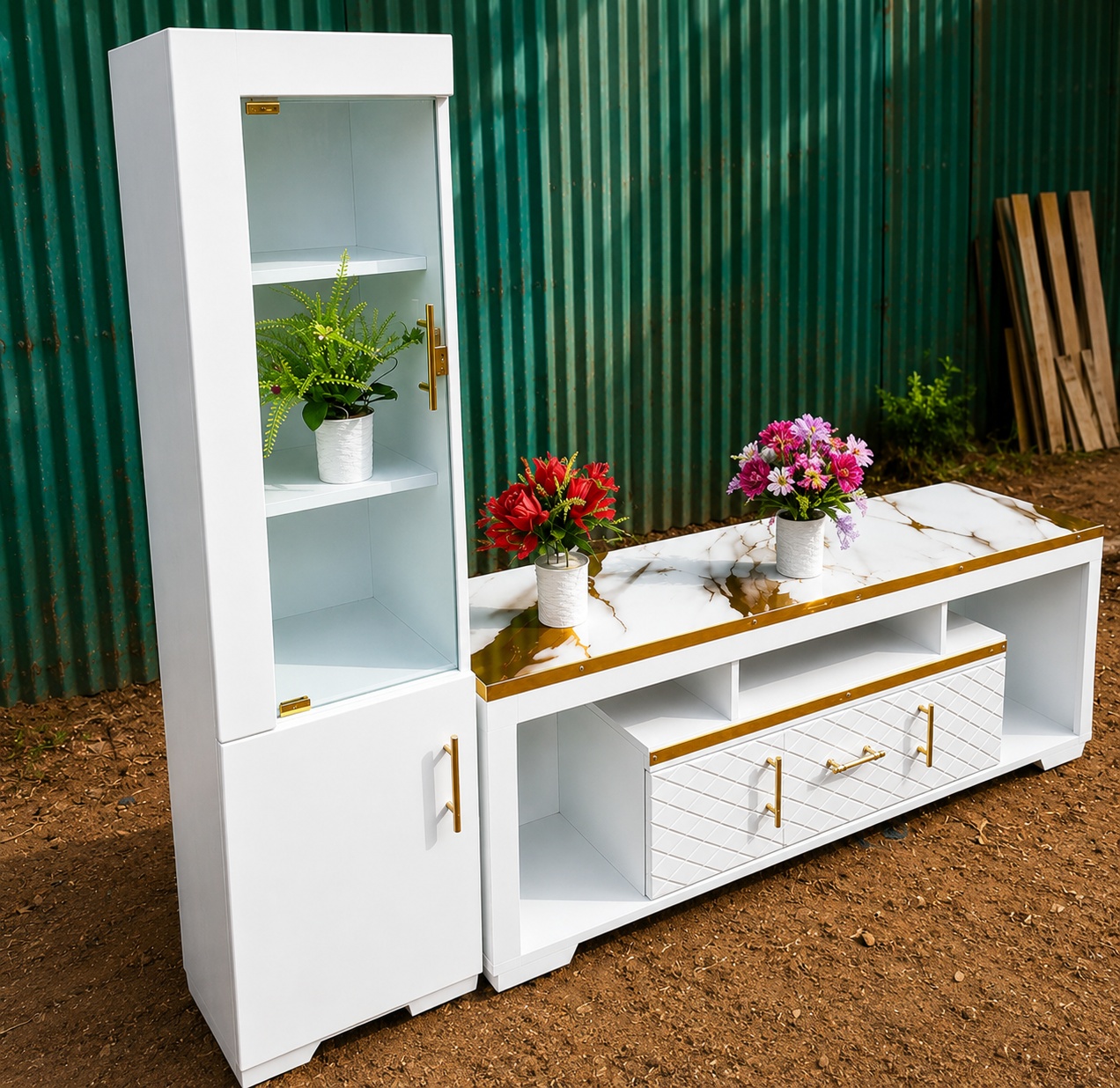White and gold TV stand with marble-effect top, glass display cabinet, open shelves and diamond-pattern drawers
