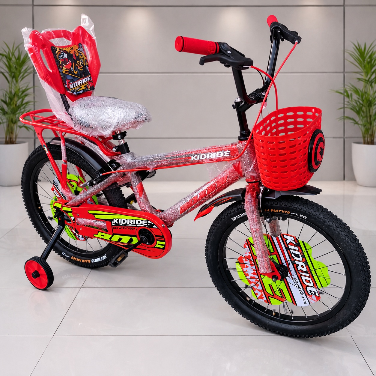 Size 16 Kidride kids' bicycle with a durable frame, comfortable saddle, chain guard, and stylish design for young riders.