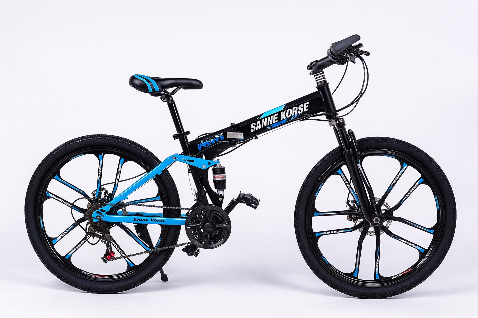 Size 26 foldable mountain bike with double shock suspension, sturdy steel frame, multi-speed gears, front and rear suspension, and all-terrain tires, designed f