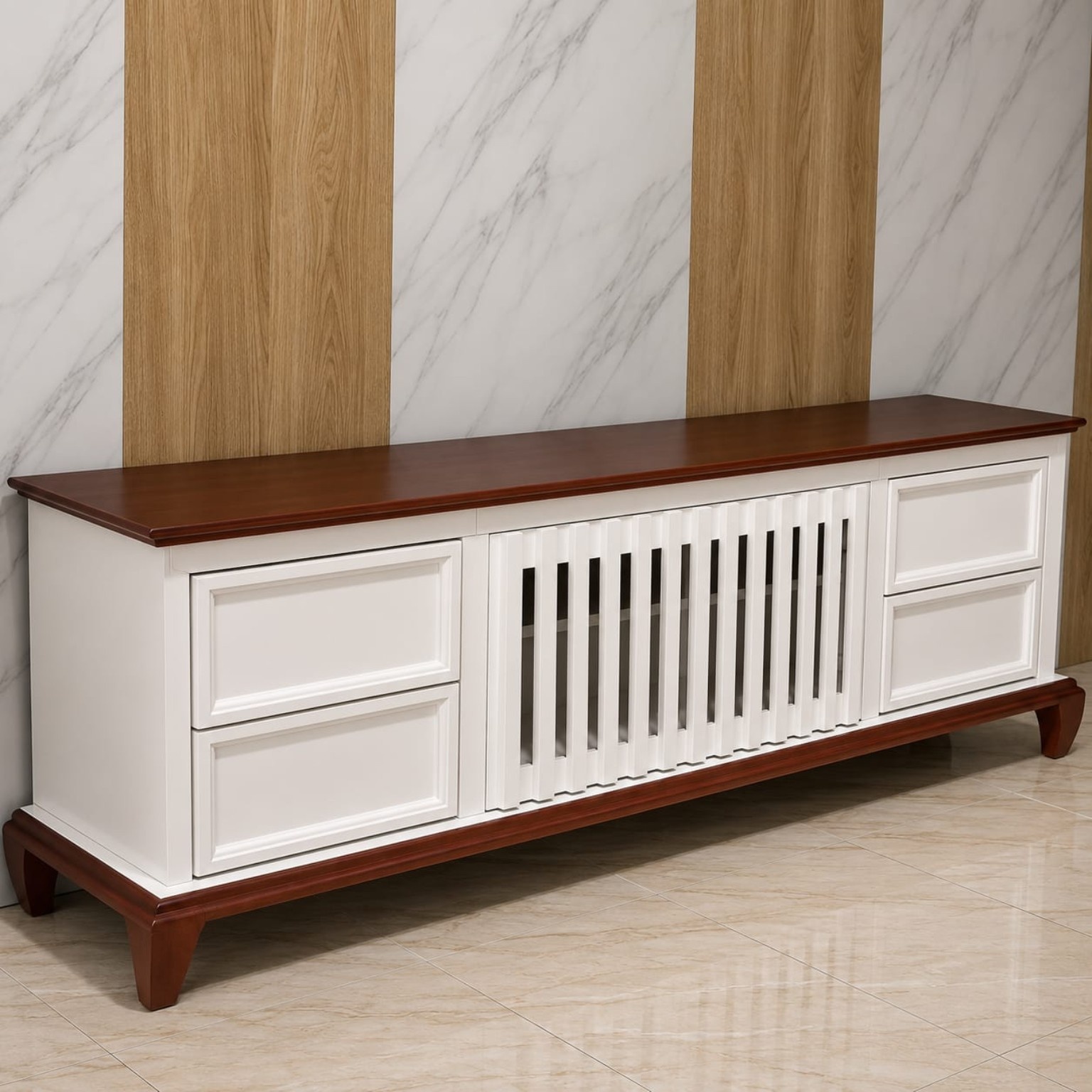 5ft white and mahogany TV stand with paneled cabinets, central slatted doors and raised wooden legs