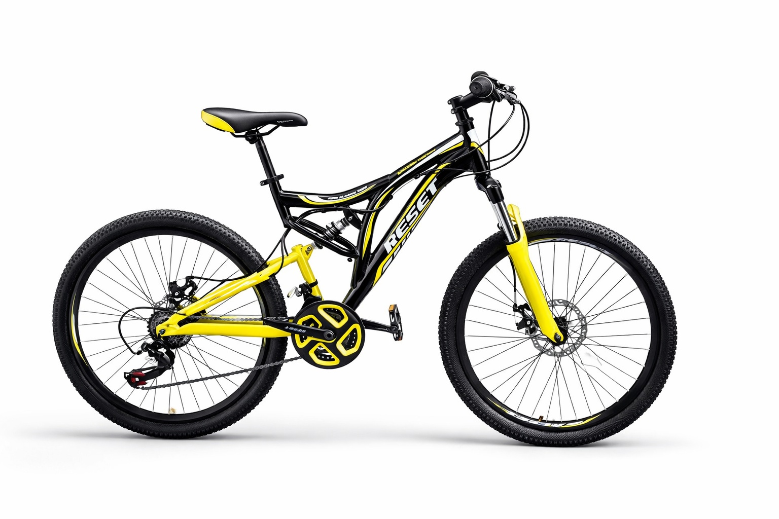 Side view of a Reset 24-inch mountain bike featuring a full-suspension frame, front suspension fork, disc brakes, multi-speed gearing, and wide all-terrain tire