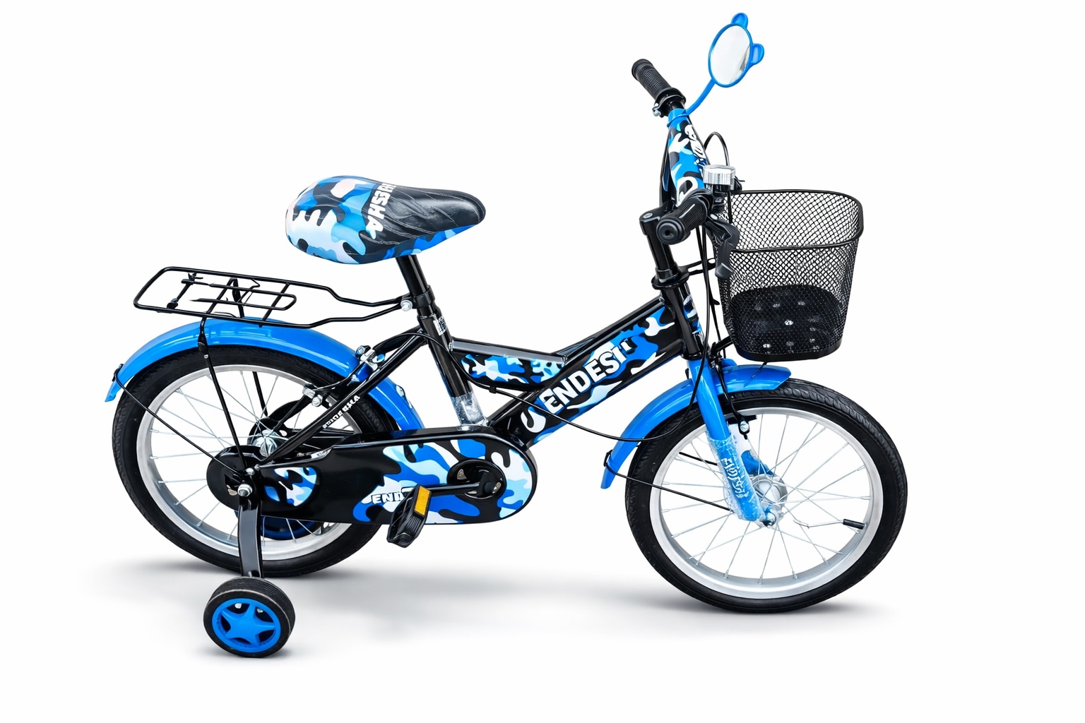Size 16 Endesha kids bike with a durable steel frame, training wheels, chain guard, and comfortable seat, ideal for children learning to ride.