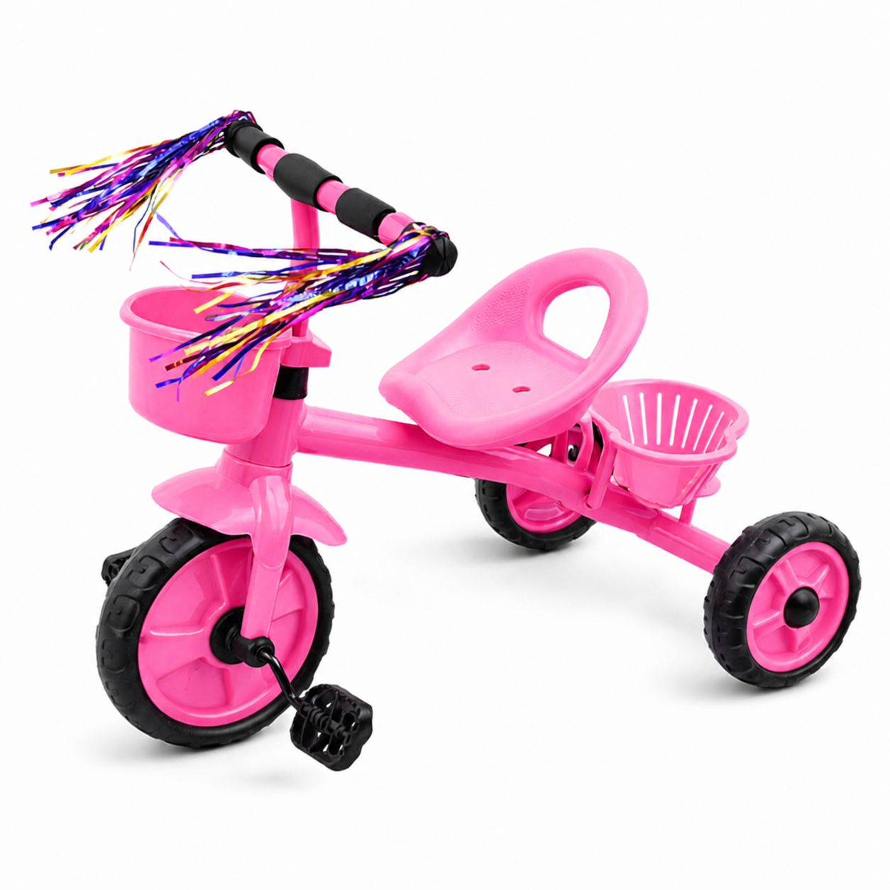 "Kids tricycle with parental handle, canopy, safety guard, and comfortable seat for toddlers aged 2-5 years."