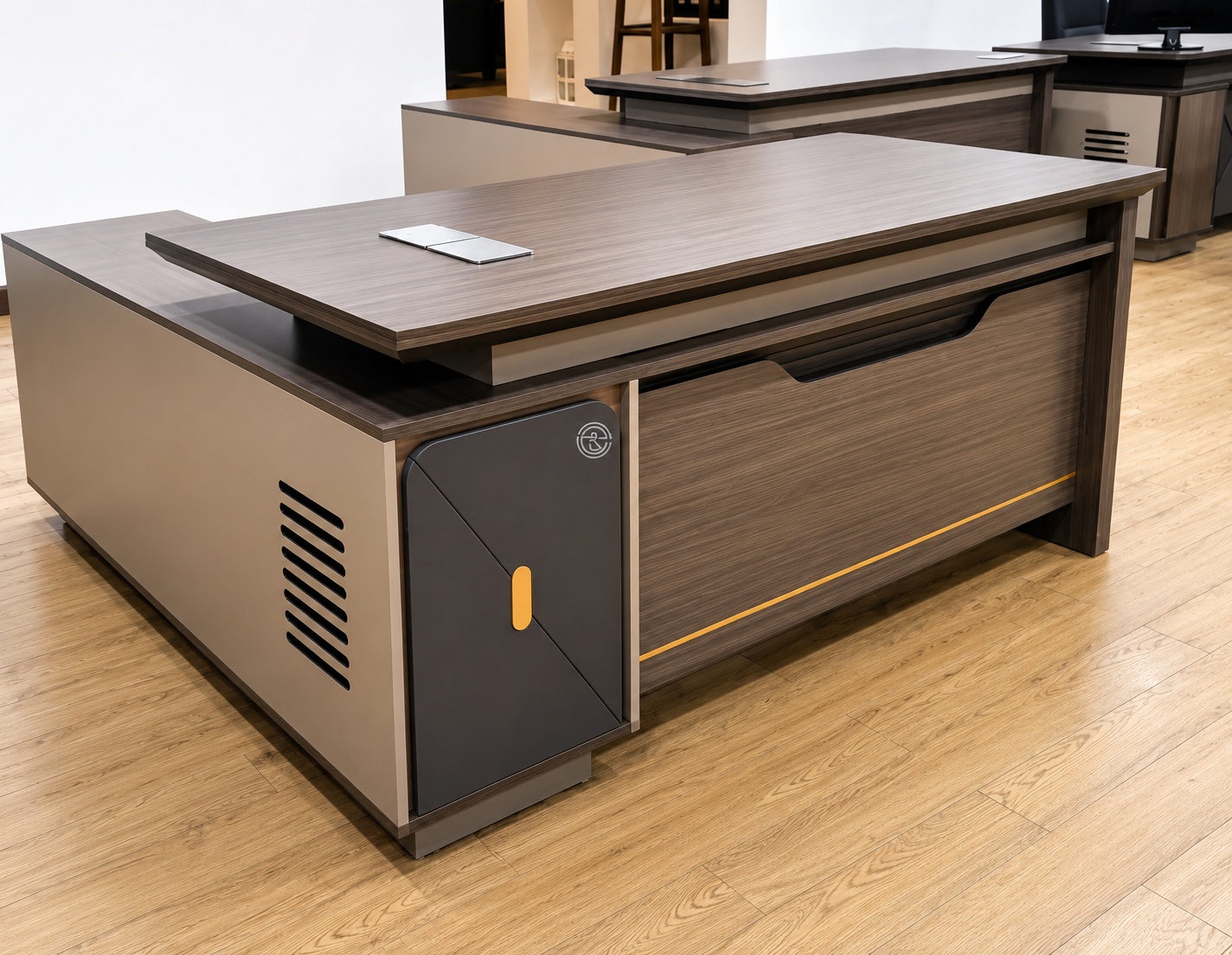 Modern executive office desk in grey walnut finish with integrated side cabinet, cable management, modesty panel, and spacious executive workstation.