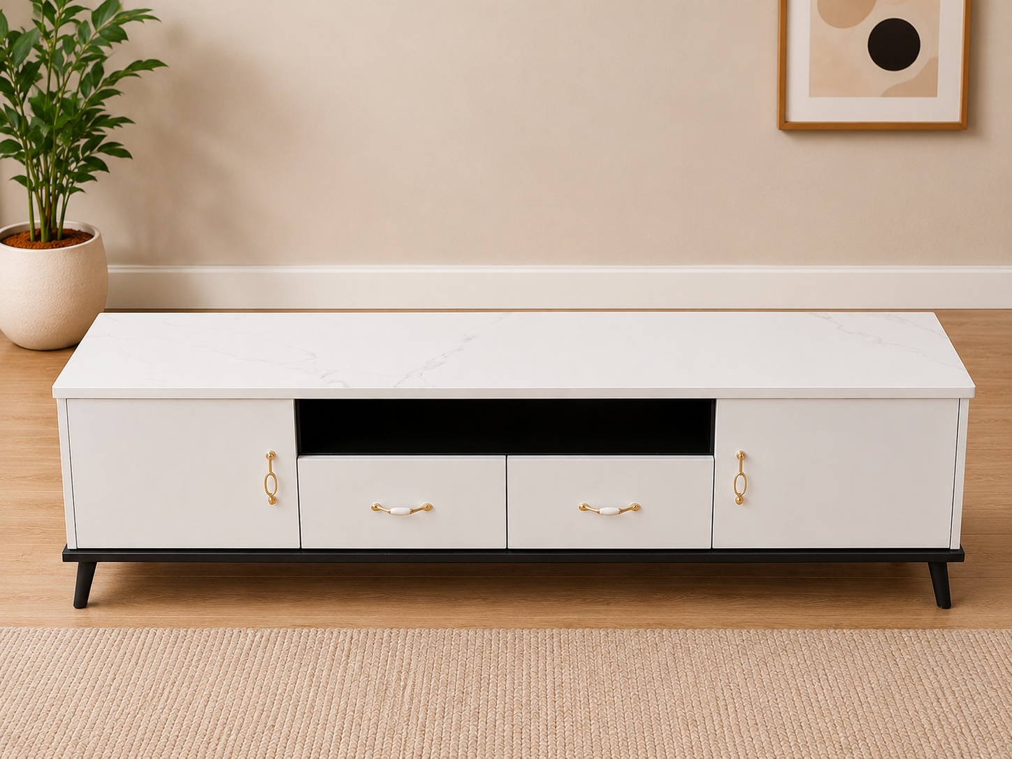 Luxury white TV stand with marble-effect top, storage drawers, side cabinets, and gold handles.