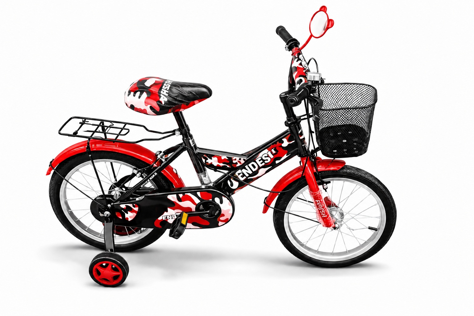 Size 16 Endesha kids bike with a durable steel frame, training wheels, chain guard, and comfortable seat, ideal for children learning to ride.