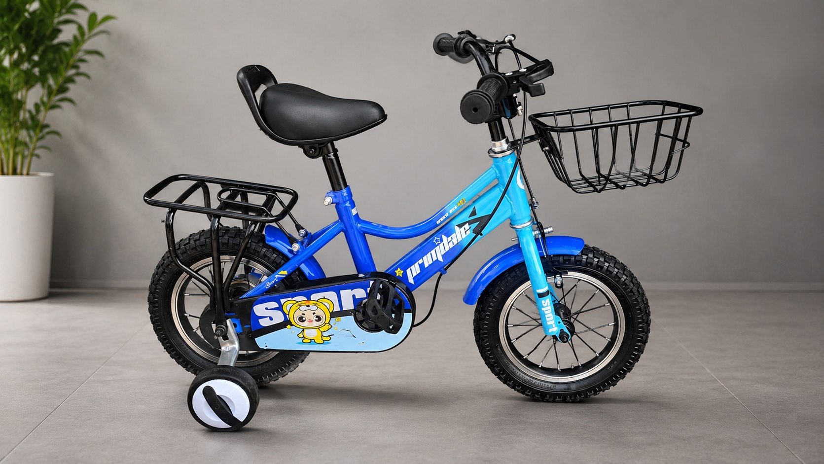 Primdale Size 12 kids bicycle with training wheels, colorful design, sturdy frame, and comfortable seat for young riders.