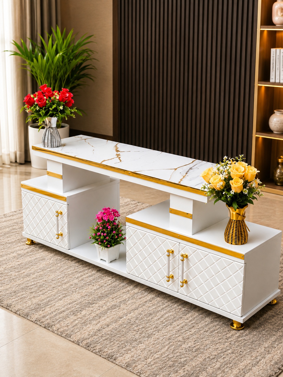 white and gold luxury TV console with marble-effect top, diamond-pattern cabinet doors, open shelves and gold detailing