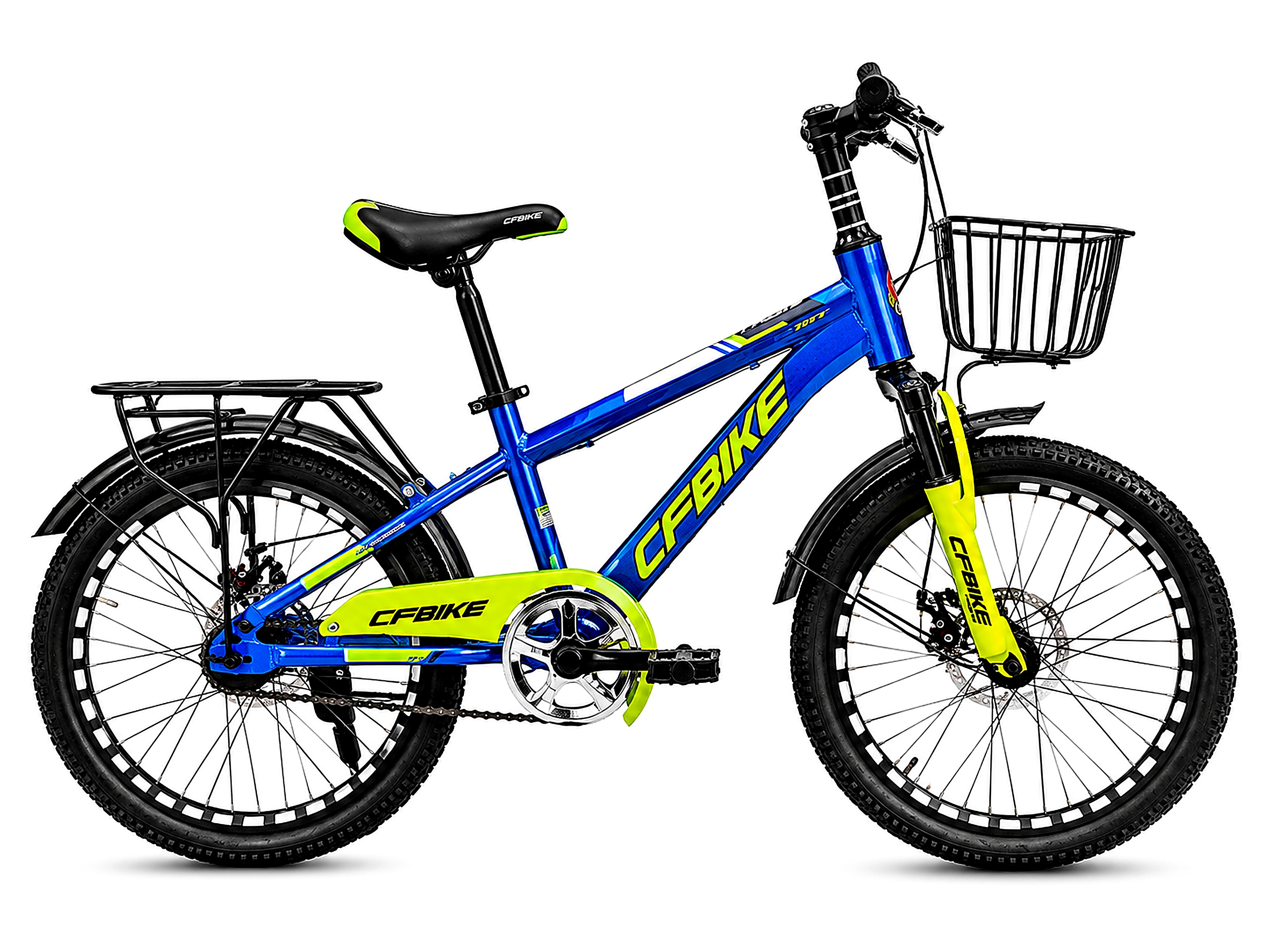 CFBIKE 20-inch kids bicycle in blue with front basket, rear luggage carrier, front disc brake, chain guard, mudguards, and durable steel frame.