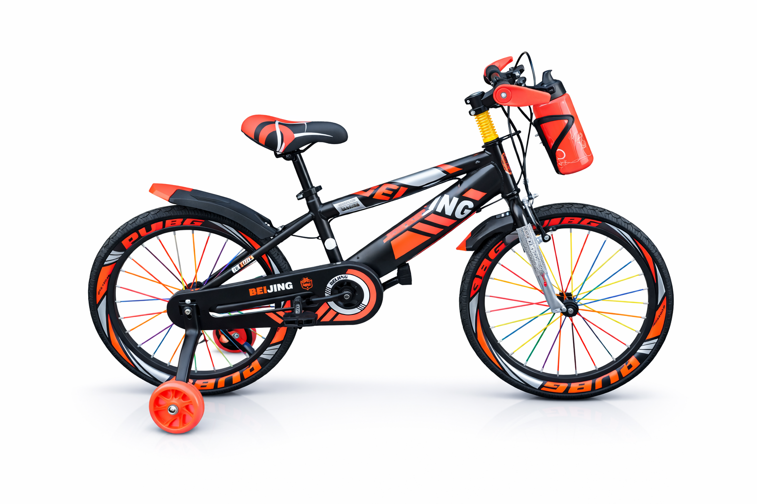 Beijing Size 16 kids bicycle with training wheels, front water bottle, suspension spring, chain guard, front and rear mudguards.