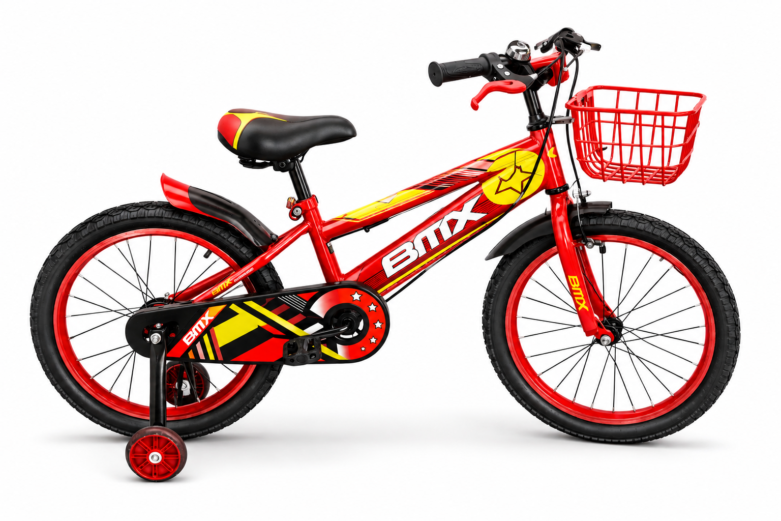 BMX-style kids' bicycle with training wheels, front basket, black chain guard, sporty graphics, and durable tires.